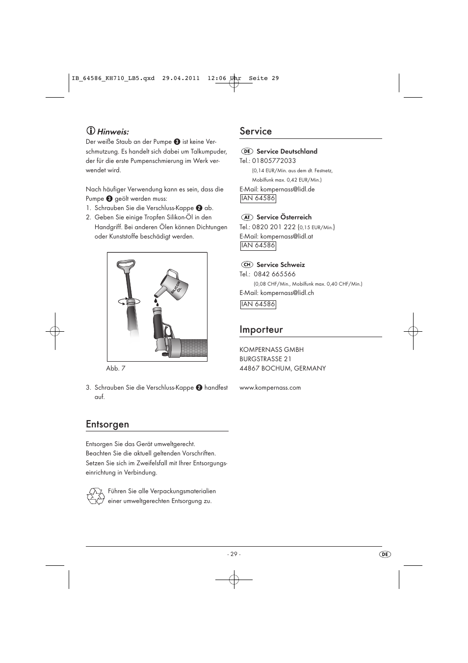 Entsorgen, Service, Importeur | Hinweis | Powerfix KH 710 User Manual | Page 31 / 31