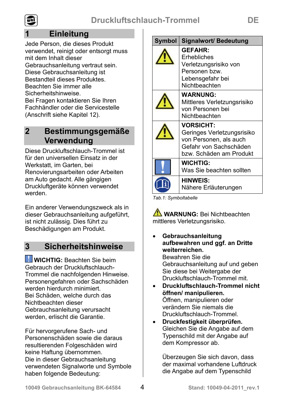 Druckluftschlauch-trommel de, 1 einleitung, 2 bestimmungsgemäße verwendung | 3 sicherheitshinweise | Powerfix Air Compressor Hose Reel User Manual | Page 4 / 97