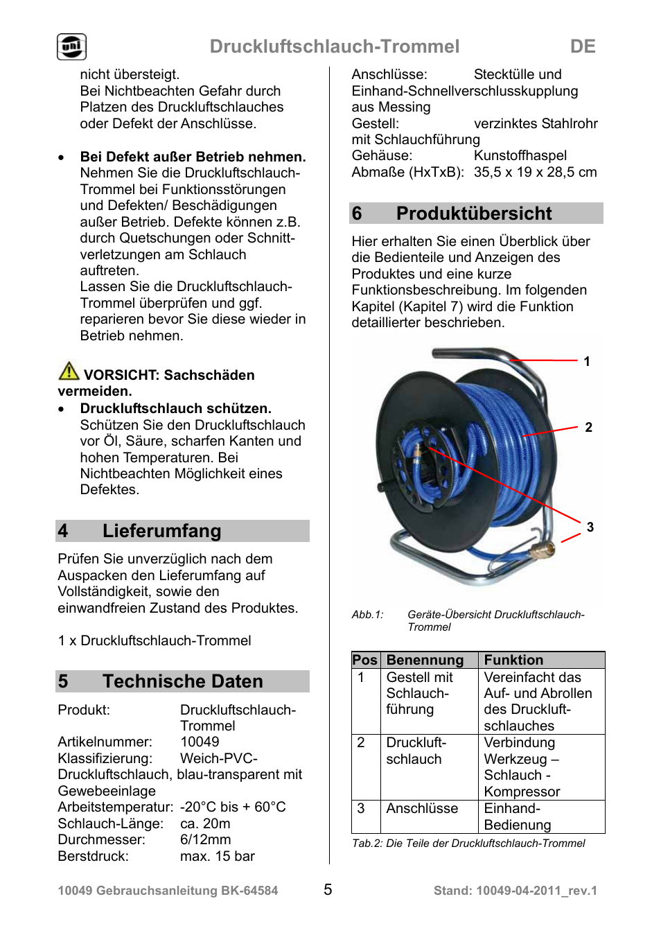 Druckluftschlauch-trommel de, 4 lieferumfang, 5 technische daten | 6 produktübersicht | Powerfix Air Compressor Hose Reel User Manual | Page 5 / 97