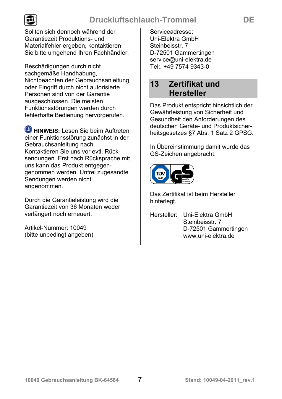 Druckluftschlauch-trommel de, 13 zertifikat und hersteller | Powerfix Air Compressor Hose Reel User Manual | Page 7 / 97