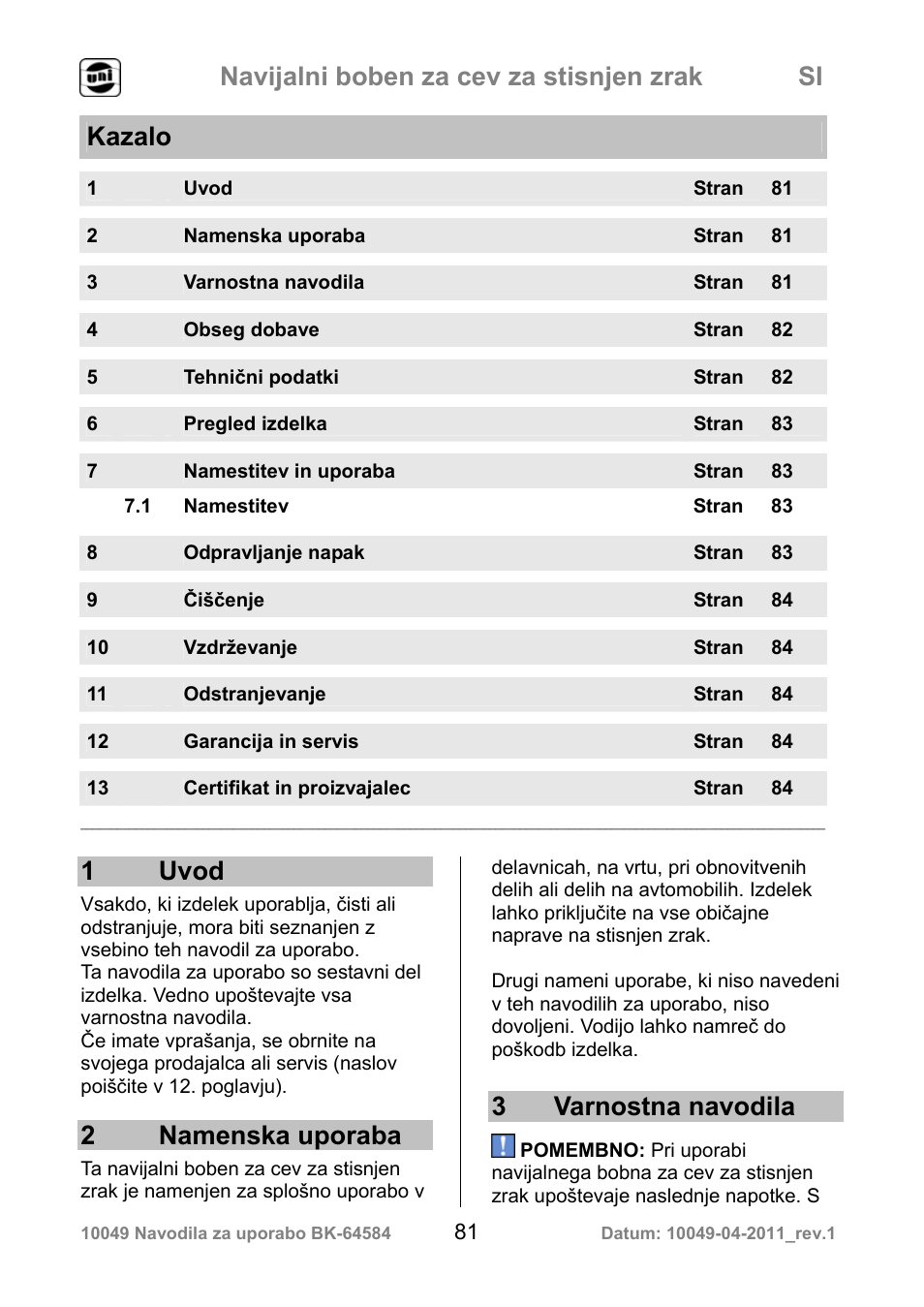 Navijalni boben za cev za stisnjen zrak si, Kazalo, 1 uvod | 2 namenska uporaba, 3 varnostna navodila | Powerfix Air Compressor Hose Reel User Manual | Page 81 / 97