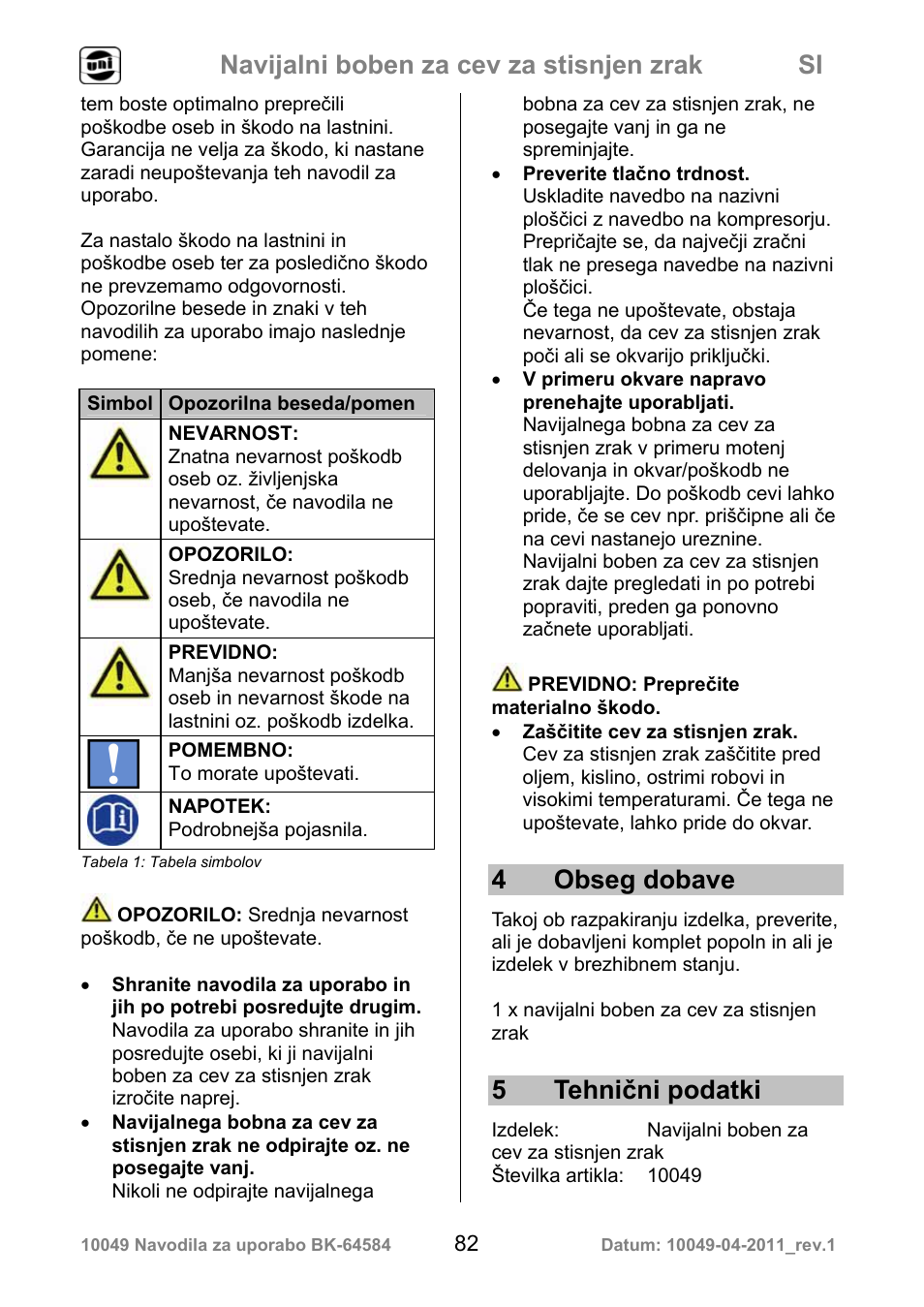 Navijalni boben za cev za stisnjen zrak si, 4 obseg dobave, 5 tehnični podatki | Powerfix Air Compressor Hose Reel User Manual | Page 82 / 97