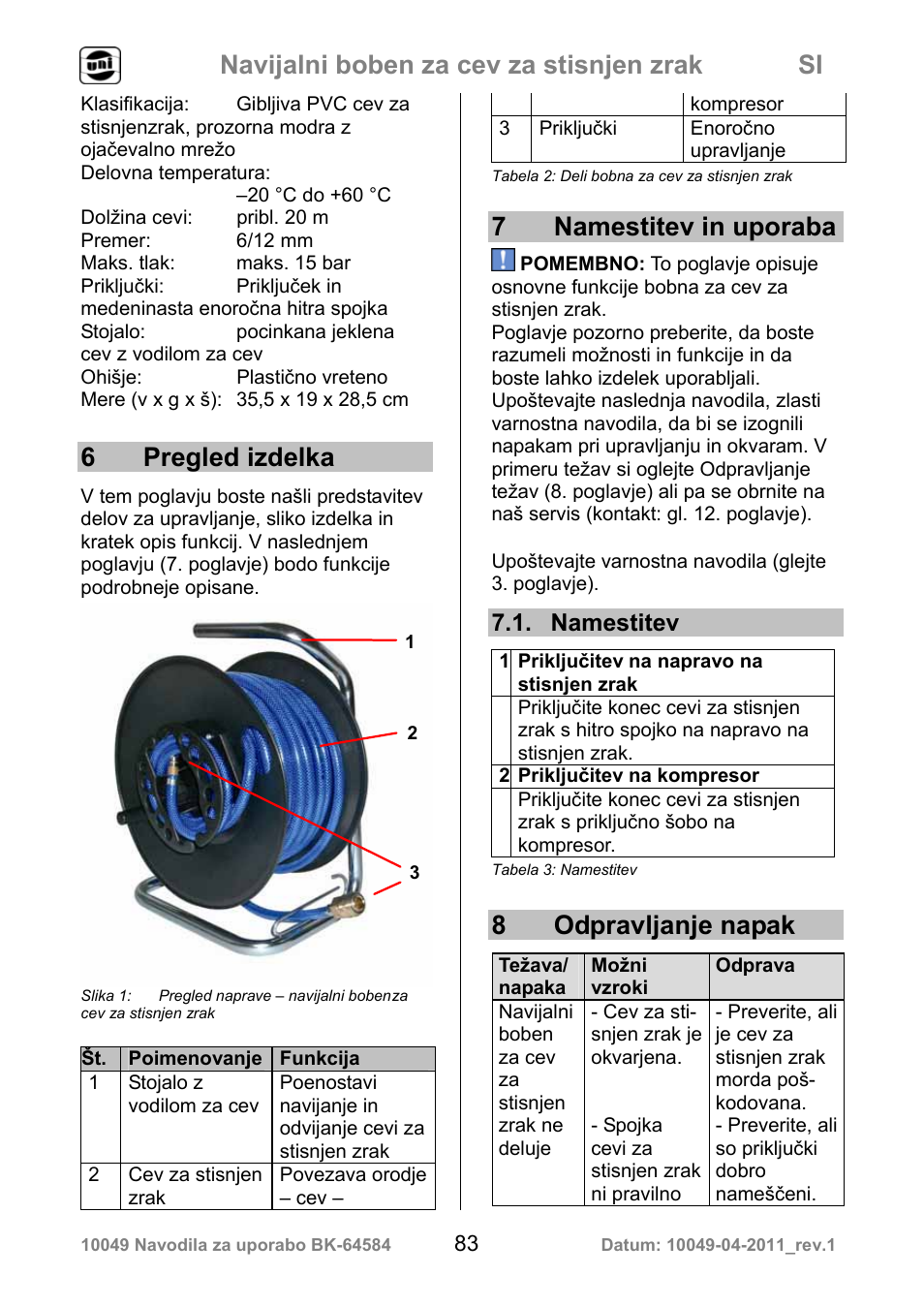 Navijalni boben za cev za stisnjen zrak si, 6 pregled izdelka, 7namestitev in uporaba | 8 odpravljanje napak, Namestitev | Powerfix Air Compressor Hose Reel User Manual | Page 83 / 97