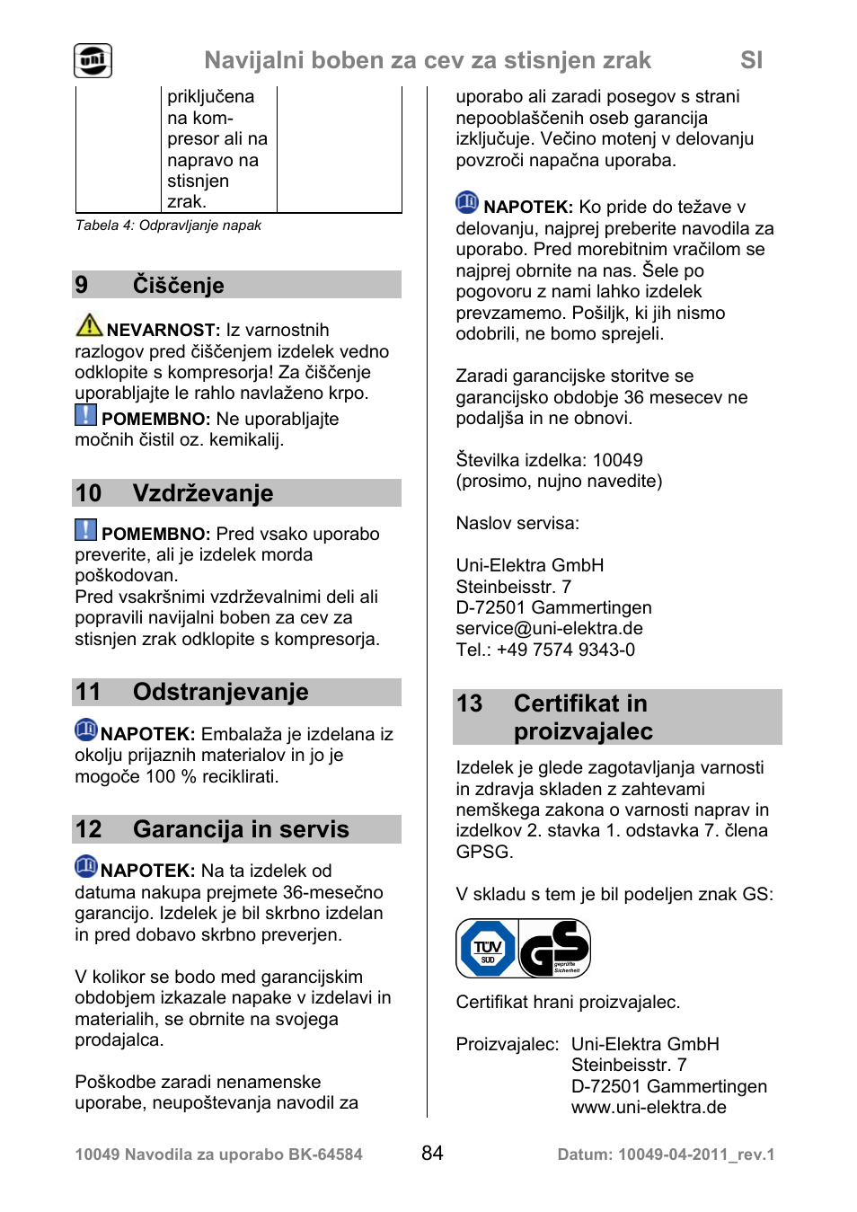 Navijalni boben za cev za stisnjen zrak si, 10 vzdrževanje, 11 odstranjevanje | 12 garancija in servis, 13 certifikat in proizvajalec, Čiščenje | Powerfix Air Compressor Hose Reel User Manual | Page 84 / 97