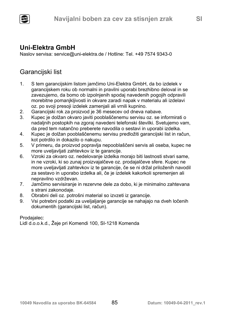 Navijalni boben za cev za stisnjen zrak si, Uni-elektra gmbh, Garancijski list | Powerfix Air Compressor Hose Reel User Manual | Page 85 / 97