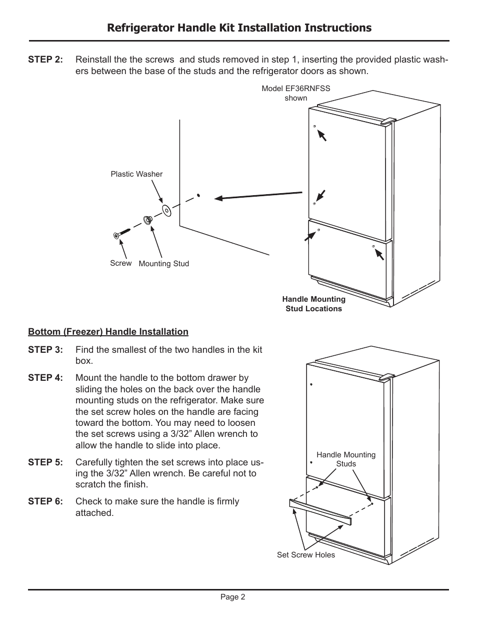 Refrigerator handle kit installation instructions | Dacor EF36LNFSS User Manual | Page 2 / 4