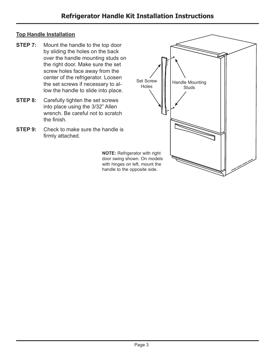 Refrigerator handle kit installation instructions | Dacor EF36LNFSS User Manual | Page 3 / 4