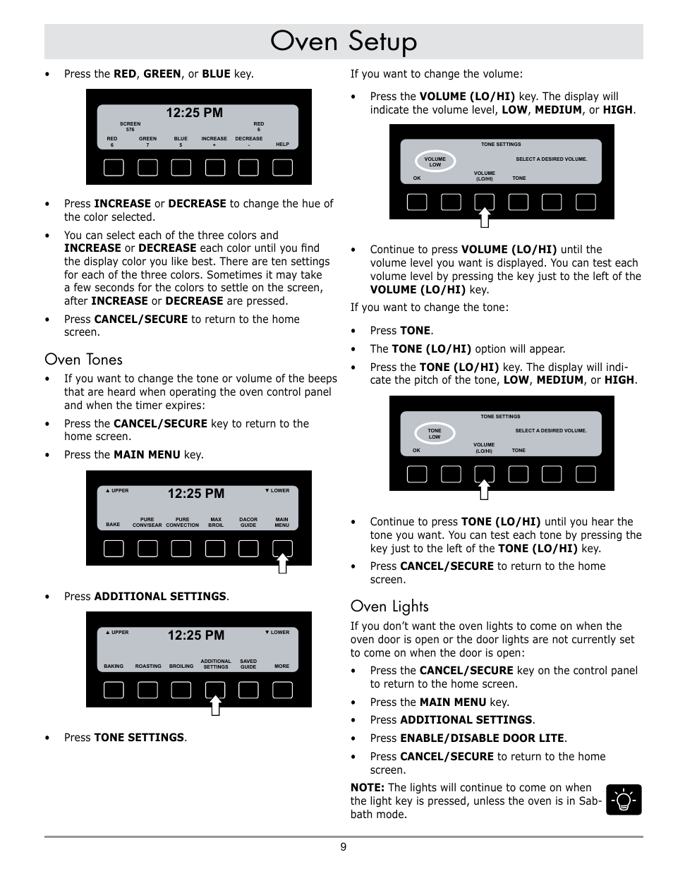 Oven setup, Oven lights, Oven tones | 25 pm | Dacor DISCOVERY EO User Manual | Page 11 / 40