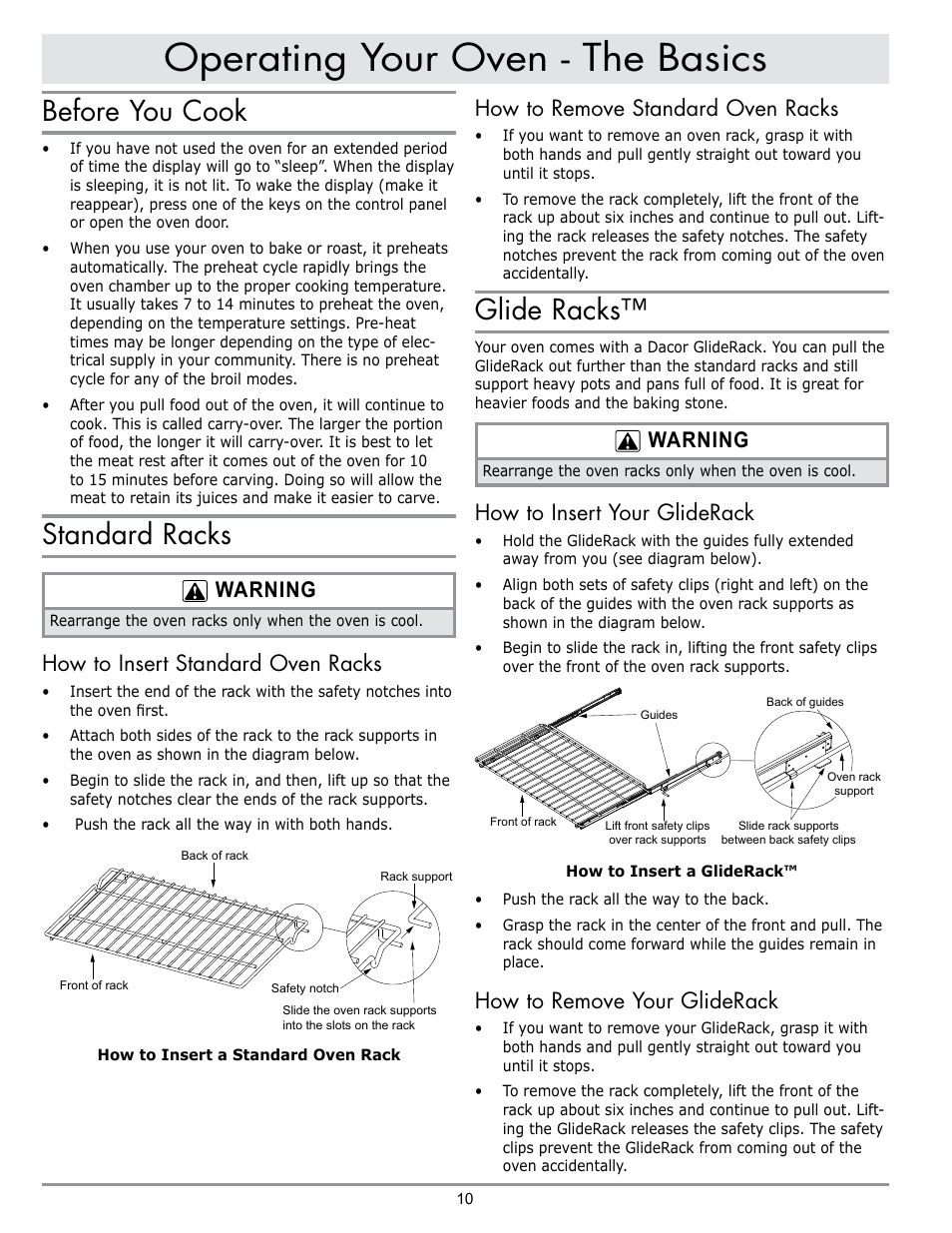 Operating your oven - the basics, Glide racks, Before you cook | Standard racks, How to remove standard oven racks, Warning, How to insert your gliderack, How to remove your gliderack, How to insert standard oven racks | Dacor DISCOVERY EO User Manual | Page 12 / 40