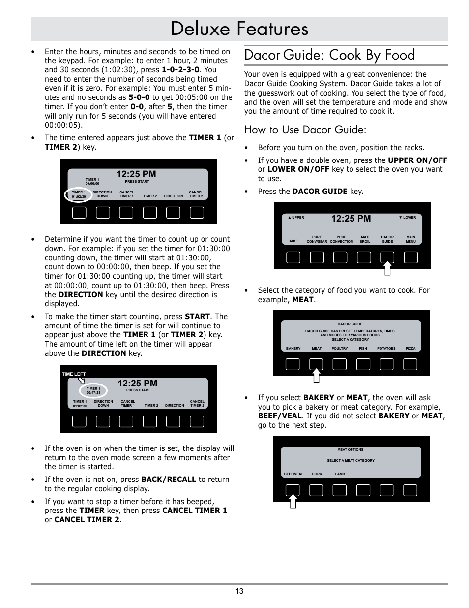 Deluxe features, Dacor, Guide: cook by food | How to use dacor guide, 25 pm | Dacor DISCOVERY EO User Manual | Page 15 / 40