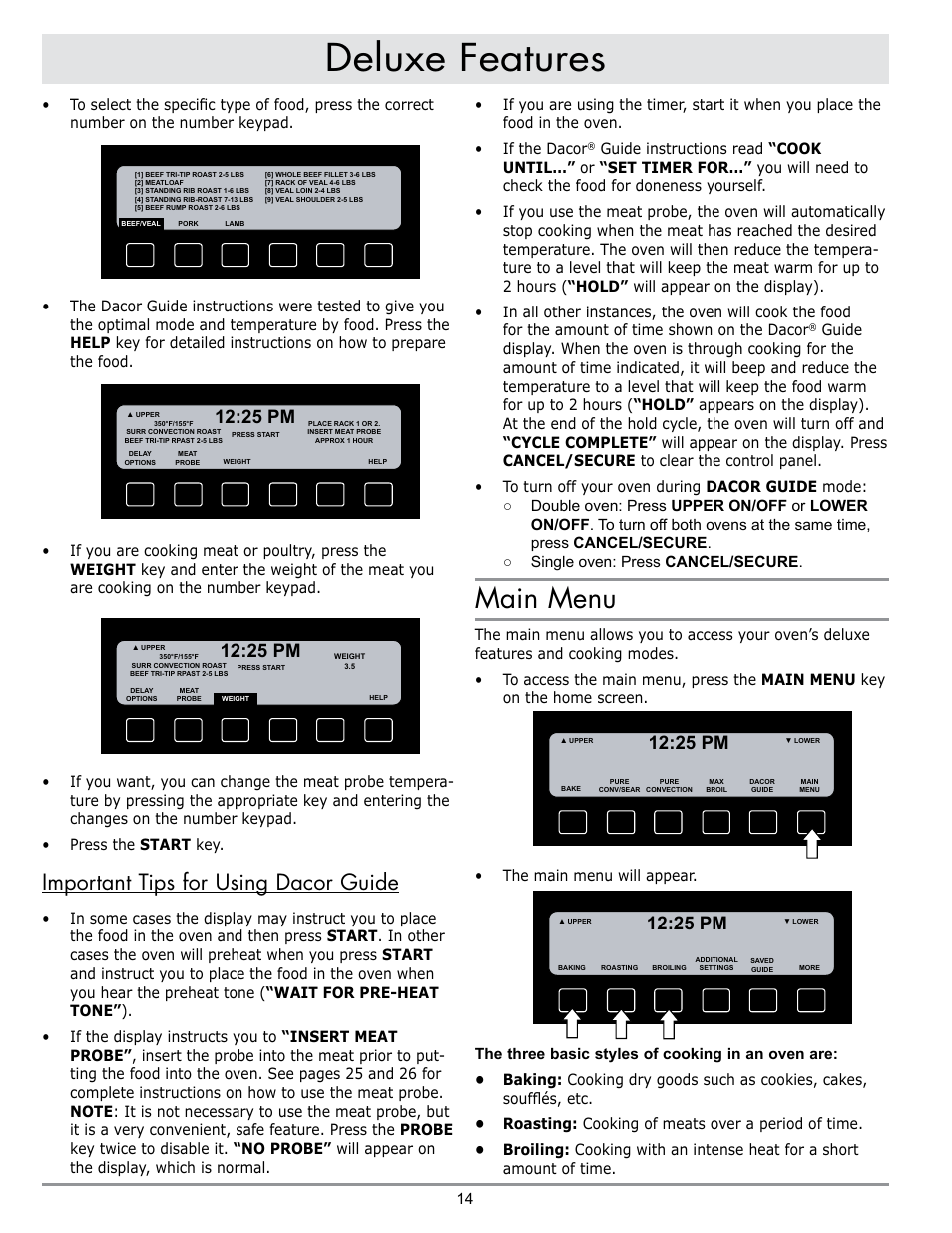 Deluxe features, Main menu, Important tips for using dacor guide | 25 pm | Dacor DISCOVERY EO User Manual | Page 16 / 40