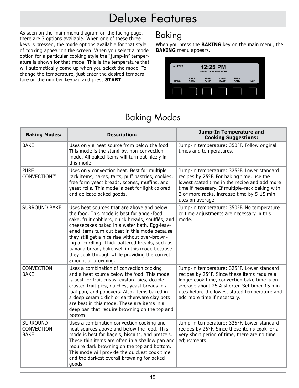 Deluxe features, Baking, Baking modes | 25 pm | Dacor DISCOVERY EO User Manual | Page 17 / 40