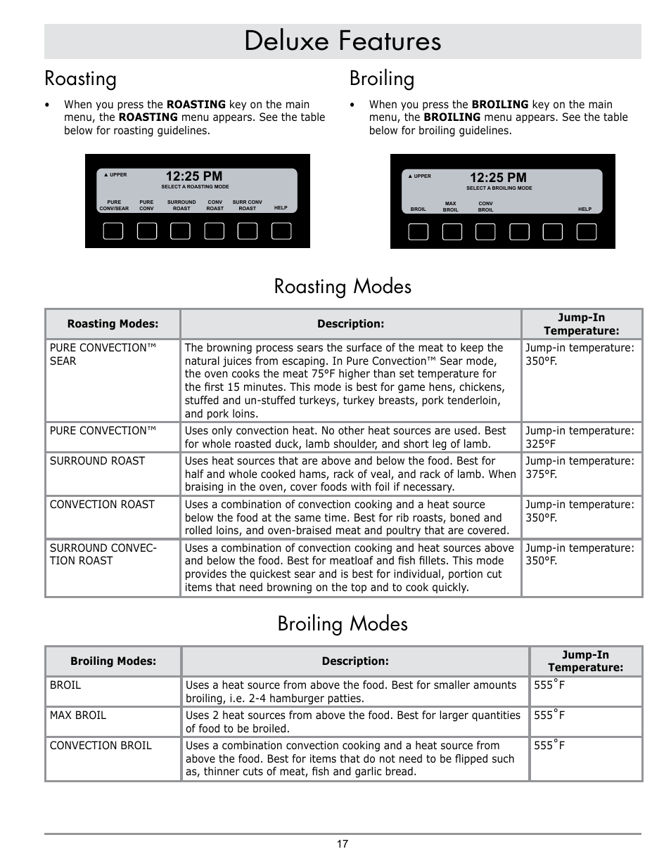 Deluxe features, Roasting modes, Broiling modes | Roasting, Broiling, 25 pm | Dacor DISCOVERY EO User Manual | Page 19 / 40