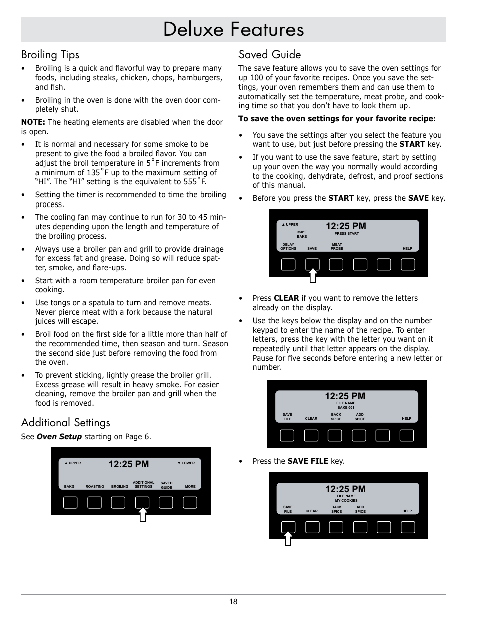 Deluxe features, Broiling tips, Additional settings | Saved guide, 25 pm | Dacor DISCOVERY EO User Manual | Page 20 / 40