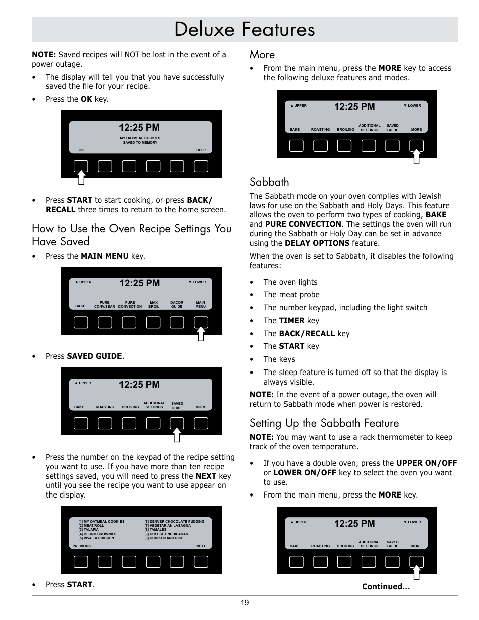 Deluxe features, How to use the oven recipe settings you have saved, More | Sabbath, Setting up the sabbath feature, 25 pm | Dacor DISCOVERY EO User Manual | Page 21 / 40