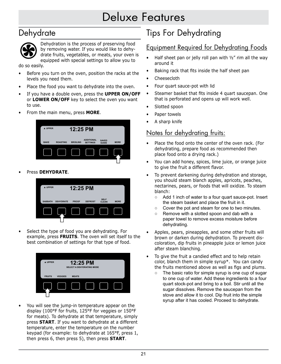 Deluxe features, Dehydrate, Tips for dehydrating | Equipment required for dehydrating foods, 25 pm | Dacor DISCOVERY EO User Manual | Page 23 / 40