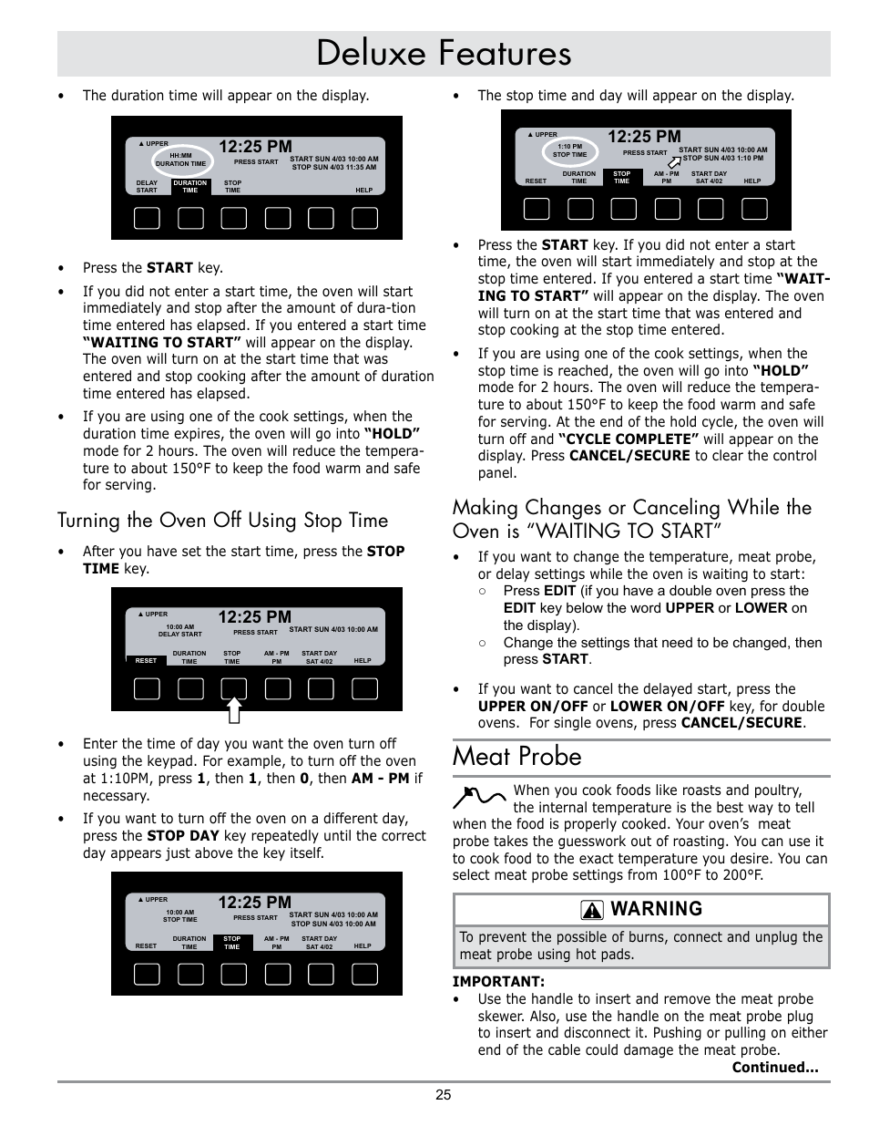 Deluxe features, Meat probe, Warning | Turning the oven off using stop time, 25 pm | Dacor DISCOVERY EO User Manual | Page 27 / 40