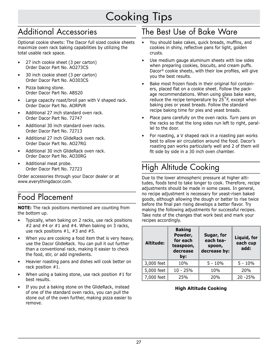 Cooking tips, The best use of bake ware, High altitude cooking | Additional accessories, Food placement | Dacor DISCOVERY EO User Manual | Page 29 / 40