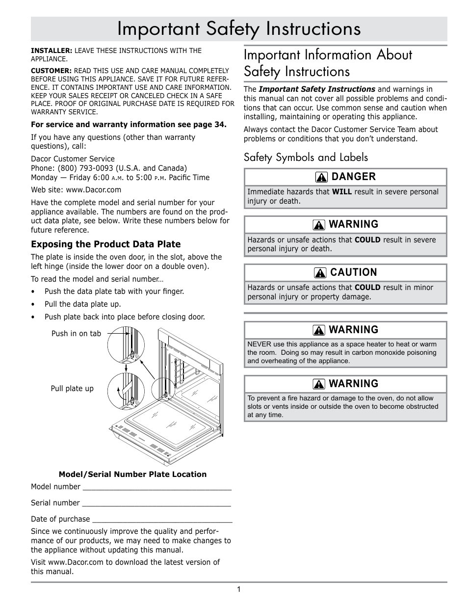 Important safety instructions, Important information about safety instructions, Safety symbols and labels danger | Warning, Caution | Dacor DISCOVERY EO User Manual | Page 3 / 40