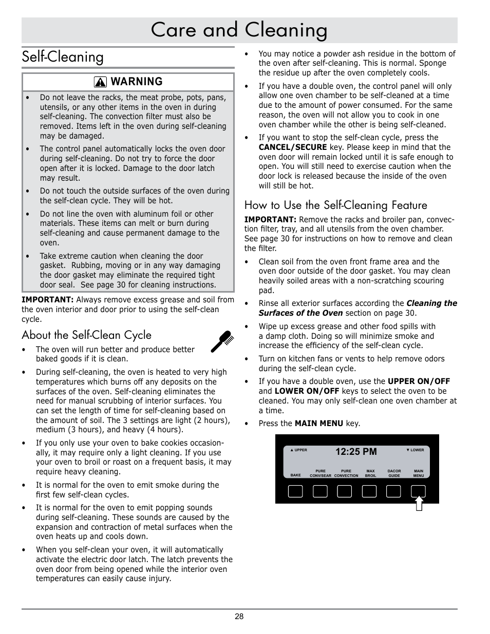 Care and cleaning, Self-cleaning, Warning | About the self-clean cycle, How to use the self-cleaning feature, 25 pm | Dacor DISCOVERY EO User Manual | Page 30 / 40