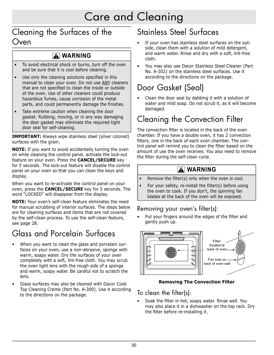 Care and cleaning, Stainless steel surfaces, Door gasket (seal) | Cleaning the convection filter, Cleaning the surfaces of the oven, Glass and porcelain surfaces, Warning, Removing your oven’s filter(s) | Dacor DISCOVERY EO User Manual | Page 32 / 40