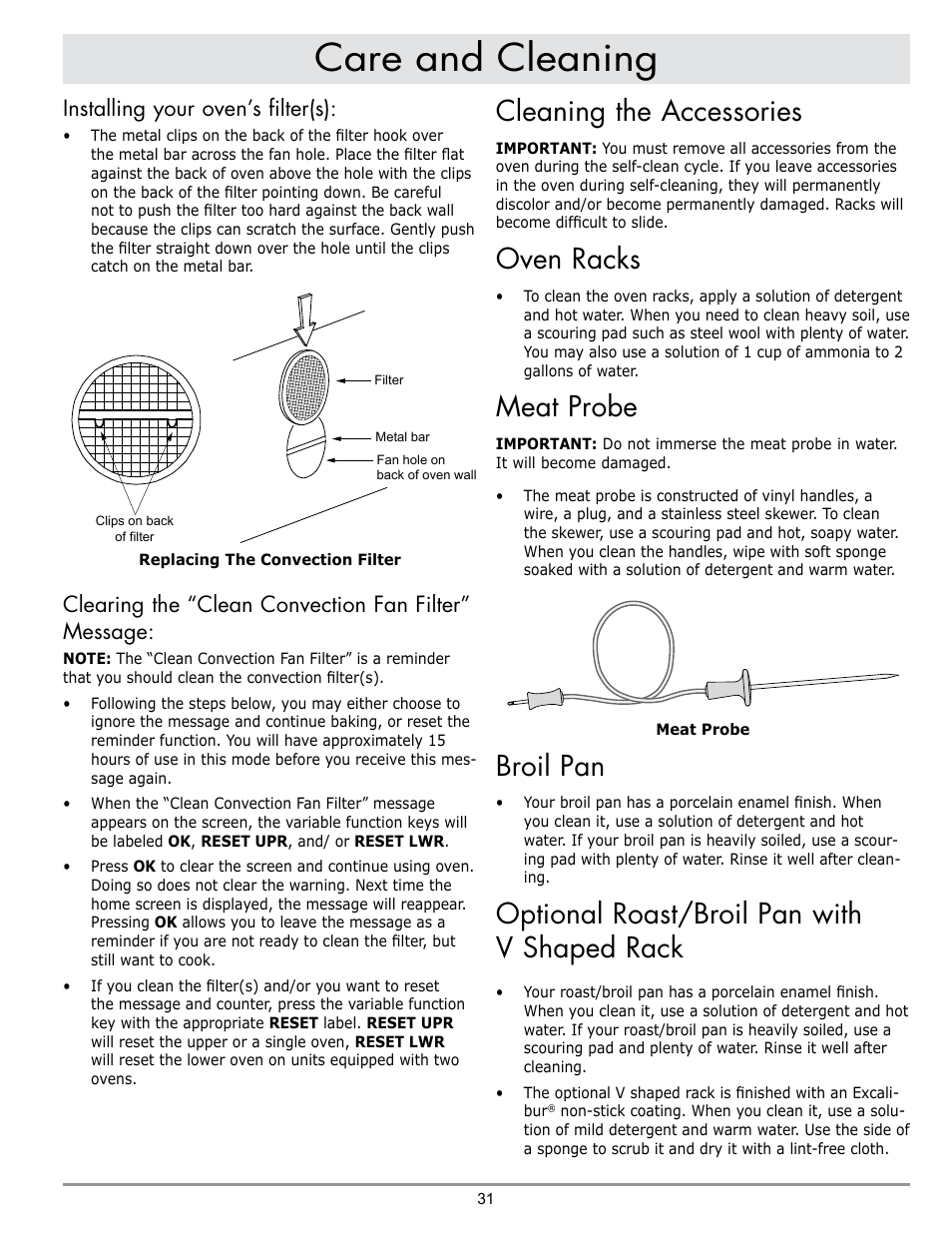 Care and cleaning, Cleaning the accessories, Oven racks | Meat probe, Broil pan, Optional roast/broil pan with v shaped rack, Installing your oven’s filter(s), Clearing the “clean convection fan filter” message | Dacor DISCOVERY EO User Manual | Page 33 / 40