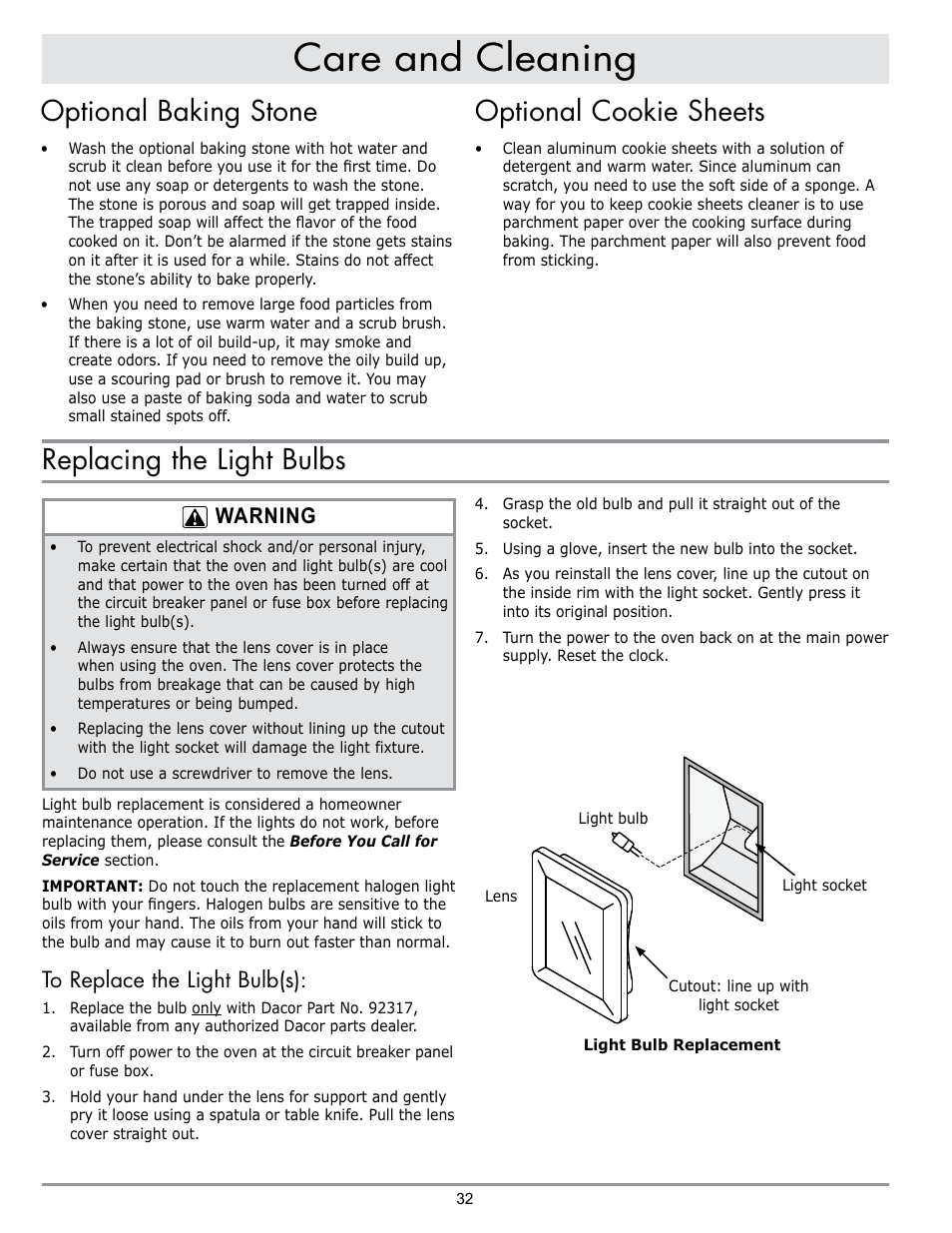 Care and cleaning, Optional baking stone, Optional cookie sheets | Replacing the light bulbs, Warning | Dacor DISCOVERY EO User Manual | Page 34 / 40