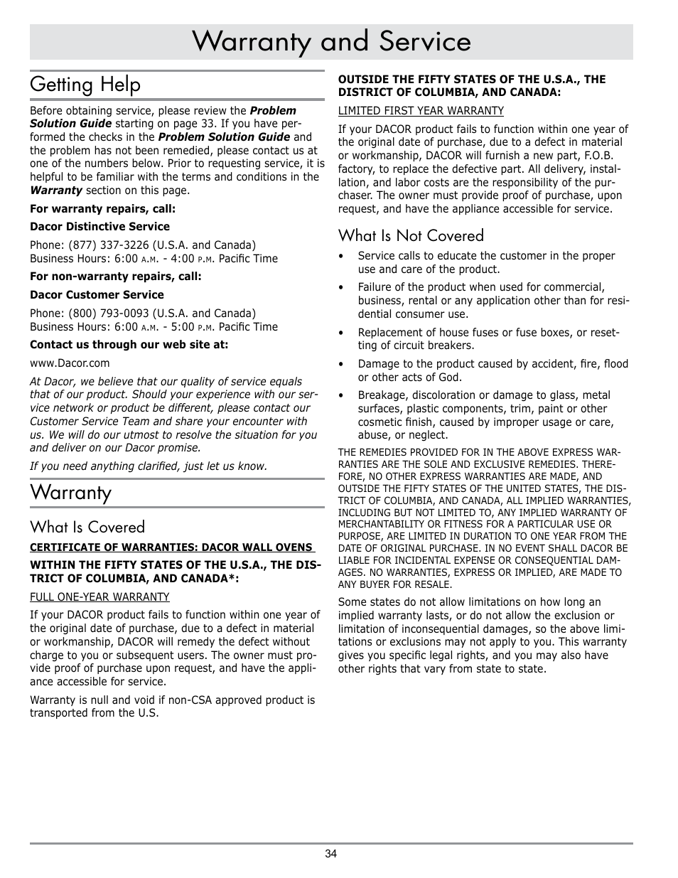 Warranty and service, Getting help, Warranty | What is covered, What is not covered | Dacor DISCOVERY EO User Manual | Page 36 / 40