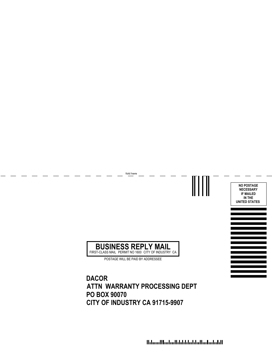 Business reply mail | Dacor DISCOVERY EO User Manual | Page 39 / 40