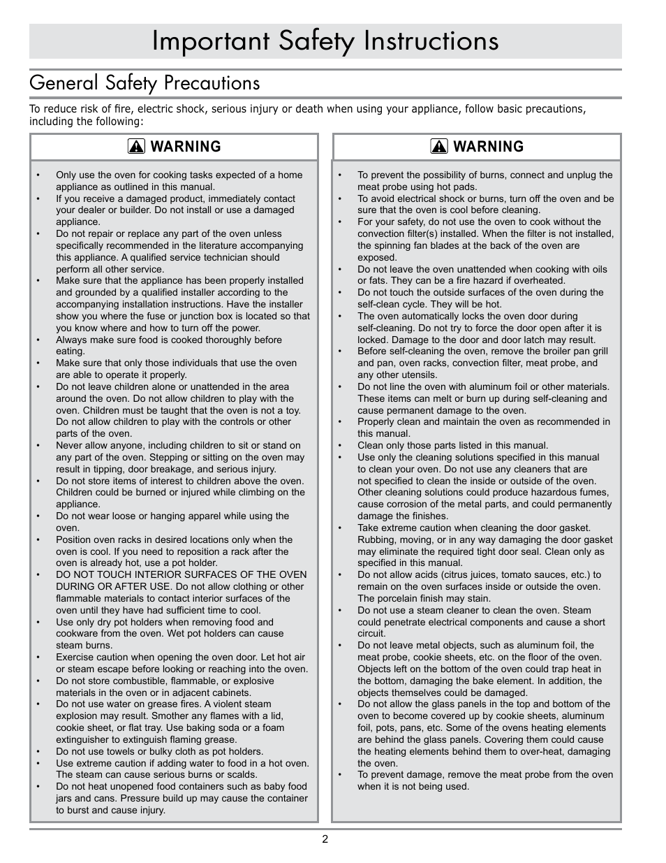 Important safety instructions, General safety precautions, Warning | Dacor DISCOVERY EO User Manual | Page 4 / 40