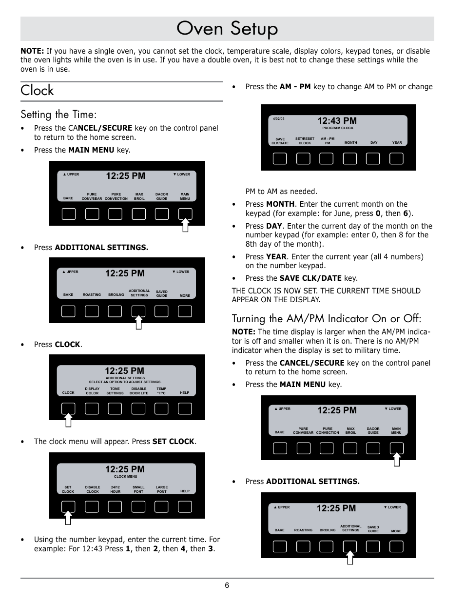 Oven setup, Clock, Setting the time | Turning the am/pm indicator on or off, 25 pm, 43 pm | Dacor DISCOVERY EO User Manual | Page 8 / 40