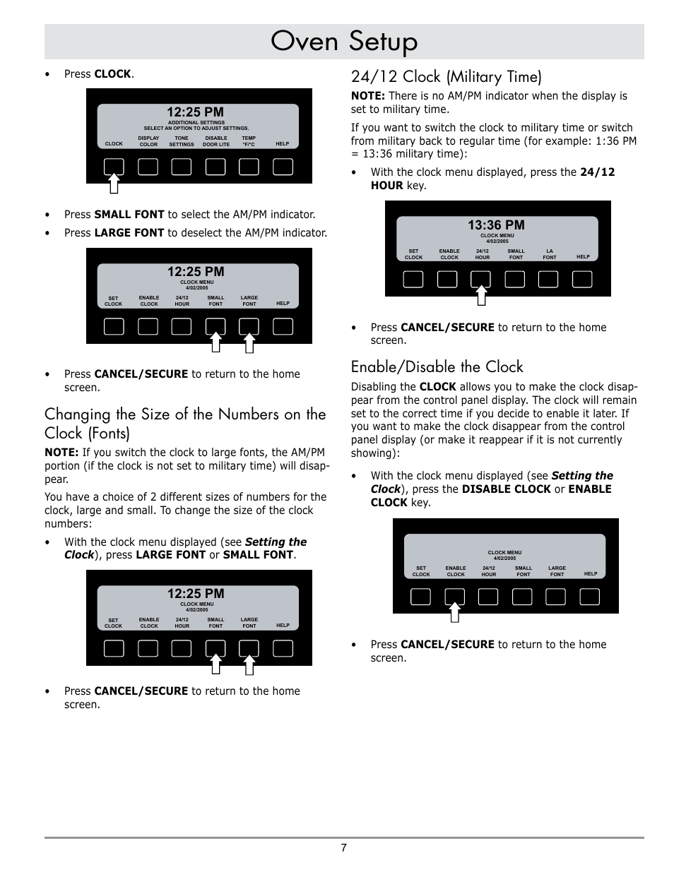 Oven setup, 24/12 clock (military time), Enable/disable the clock | 25 pm, 36 pm | Dacor DISCOVERY EO User Manual | Page 9 / 40