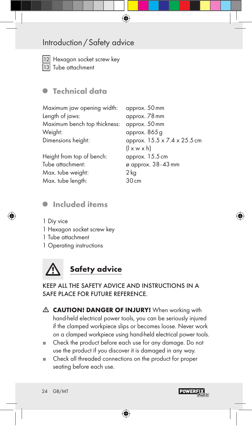 Introduction / safety advice, Technical data, Included items | Safety advice | Powerfix VACUUM BASE VICE A User Manual | Page 22 / 31