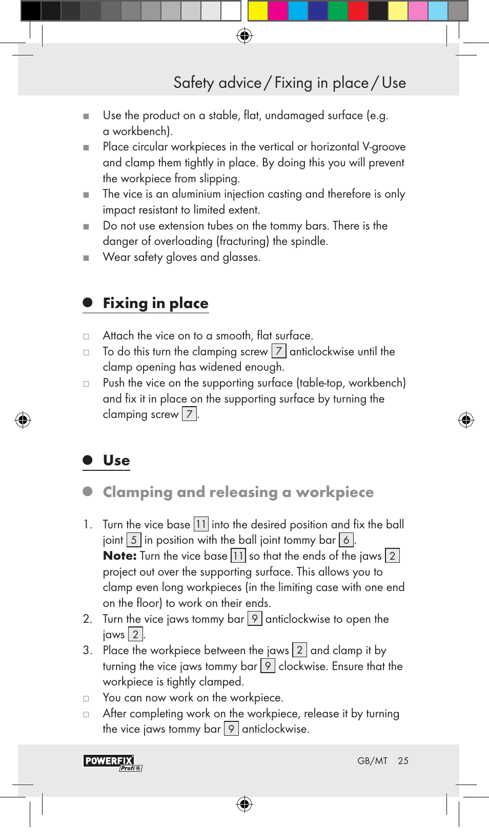 Safety advice / fixing in place / use, Fixing in place, Clamping and releasing a workpiece | Powerfix VACUUM BASE VICE A User Manual | Page 23 / 31