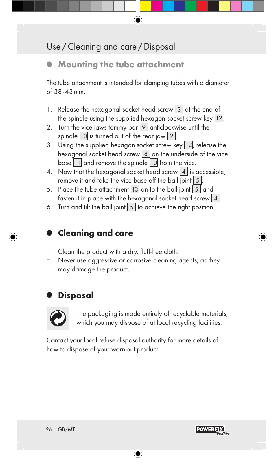 Use / cleaning and care / disposal, Mounting the tube attachment, Cleaning and care | Disposal | Powerfix VACUUM BASE VICE A User Manual | Page 24 / 31