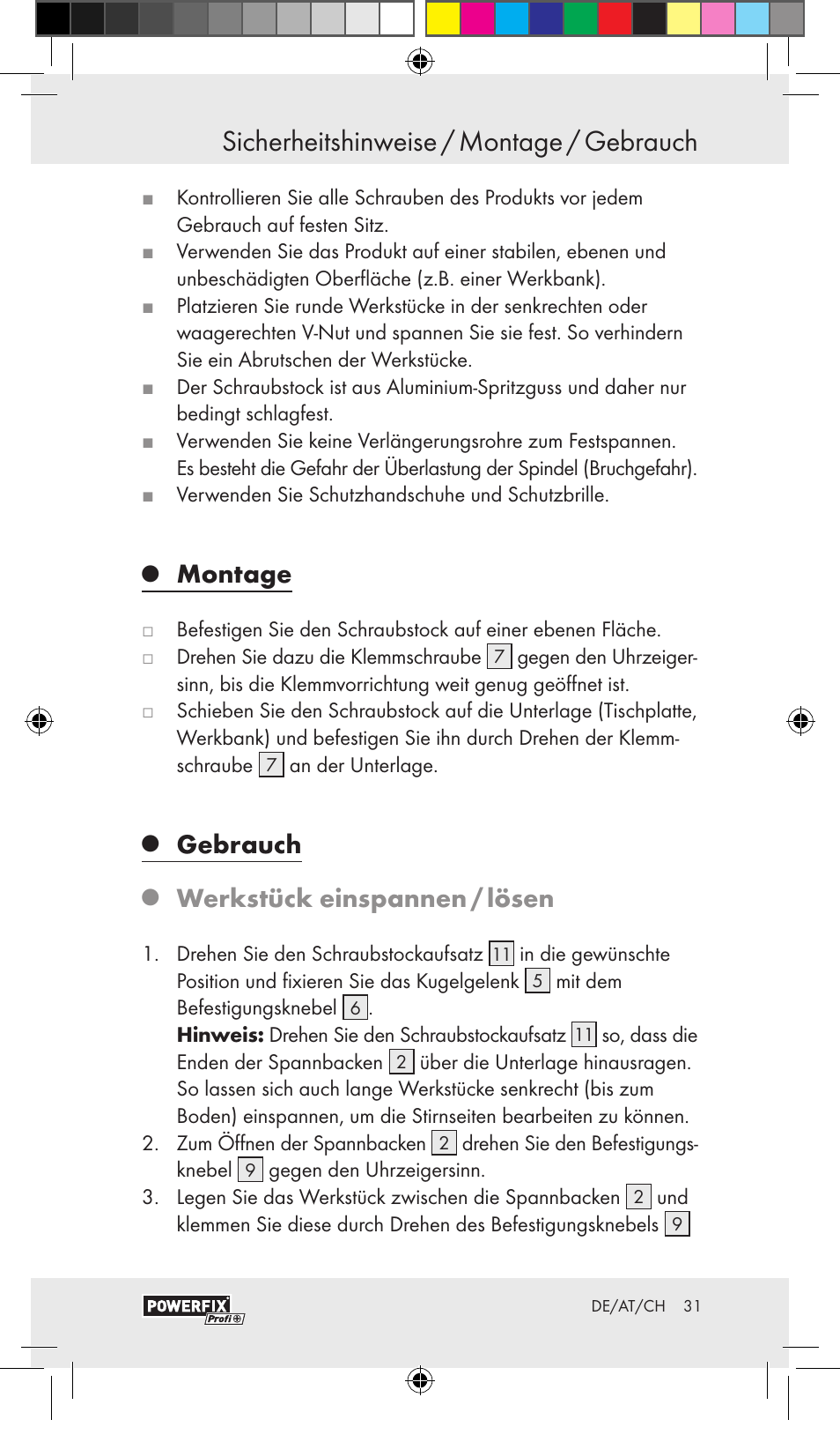 Sicherheitshinweise / montage / gebrauch, Montage, Gebrauch | Werkstück einspannen / lösen | Powerfix VACUUM BASE VICE A User Manual | Page 29 / 31