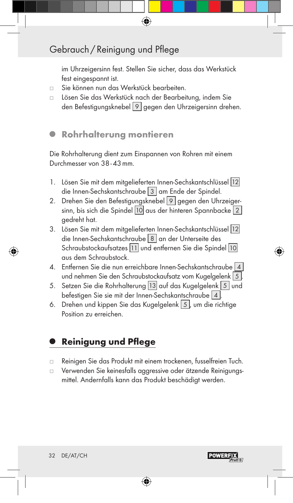 Gebrauch / reinigung und pflege, Rohrhalterung montieren, Reinigung und pflege | Powerfix VACUUM BASE VICE A User Manual | Page 30 / 31