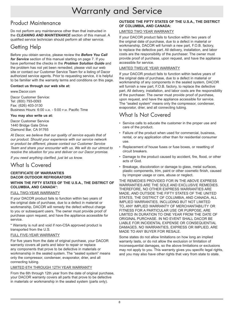Warranty and service, What is not covered, Product maintenance | Getting help, What is covered | Dacor OF24RS User Manual | Page 10 / 12