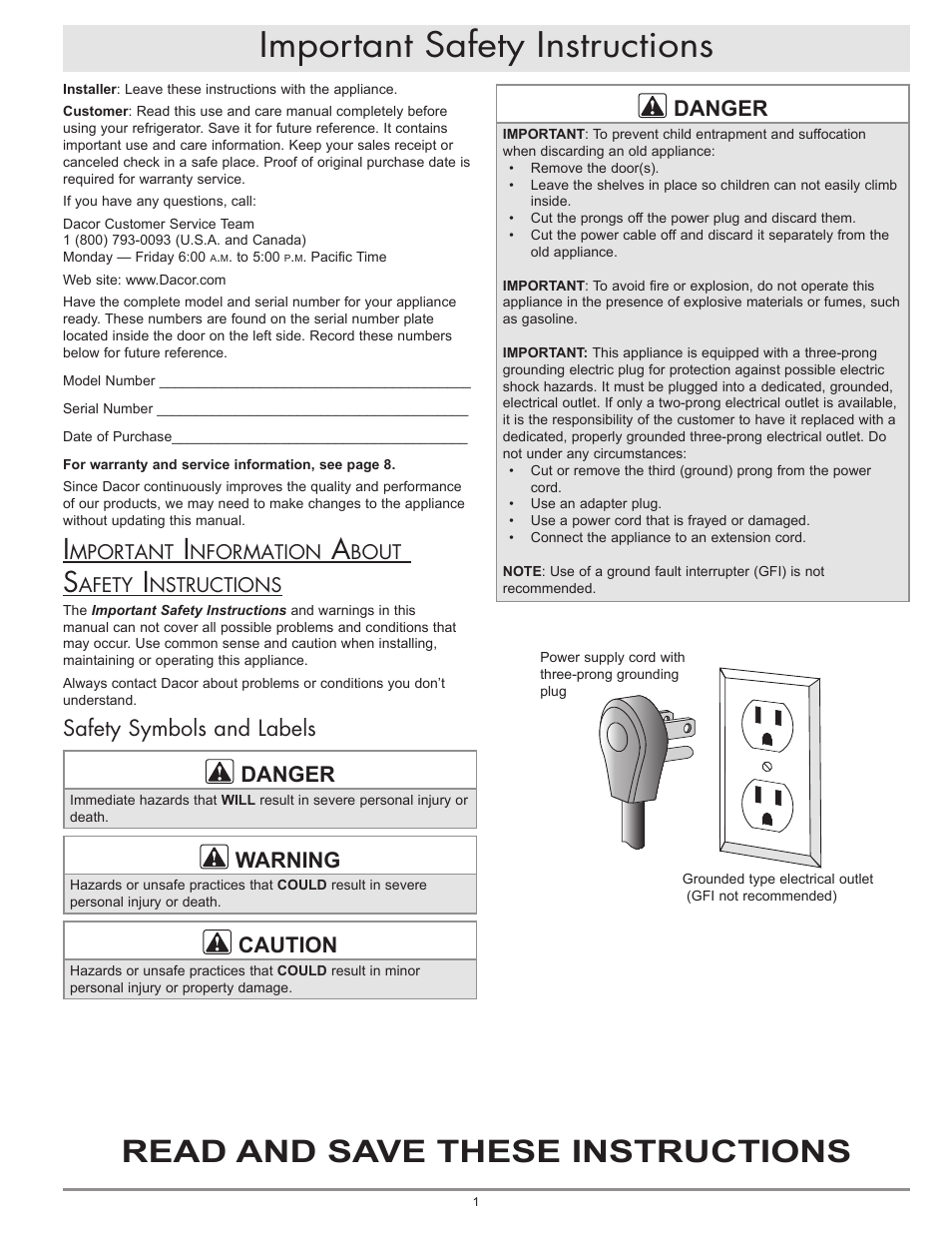 Important safety instructions, Read and save these instructions, Safety symbols and labels danger | Warning, Caution, Danger | Dacor OF24RS User Manual | Page 3 / 12