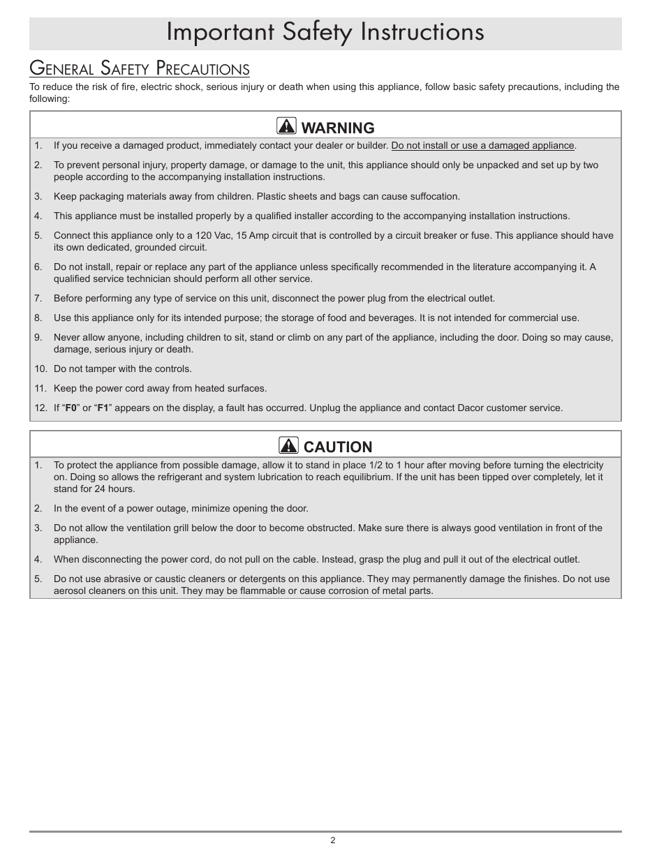 Important safety instructions, Warning, Caution | Eneral, Afety, Recautions | Dacor OF24RS User Manual | Page 4 / 12