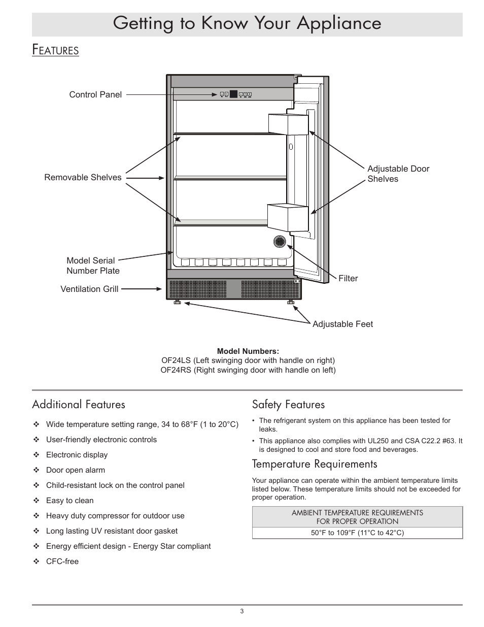 Getting to know your appliance, Additional features, Safety features | Temperature requirements | Dacor OF24RS User Manual | Page 5 / 12