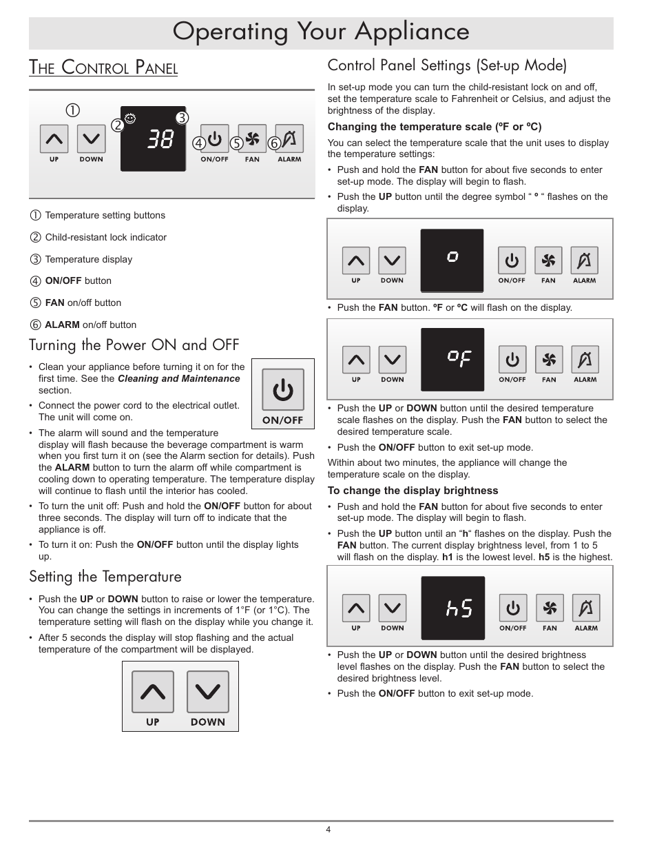 Operating your appliance, Turning the power on and off, Setting the temperature | Control panel settings (set-up mode) | Dacor OF24RS User Manual | Page 6 / 12