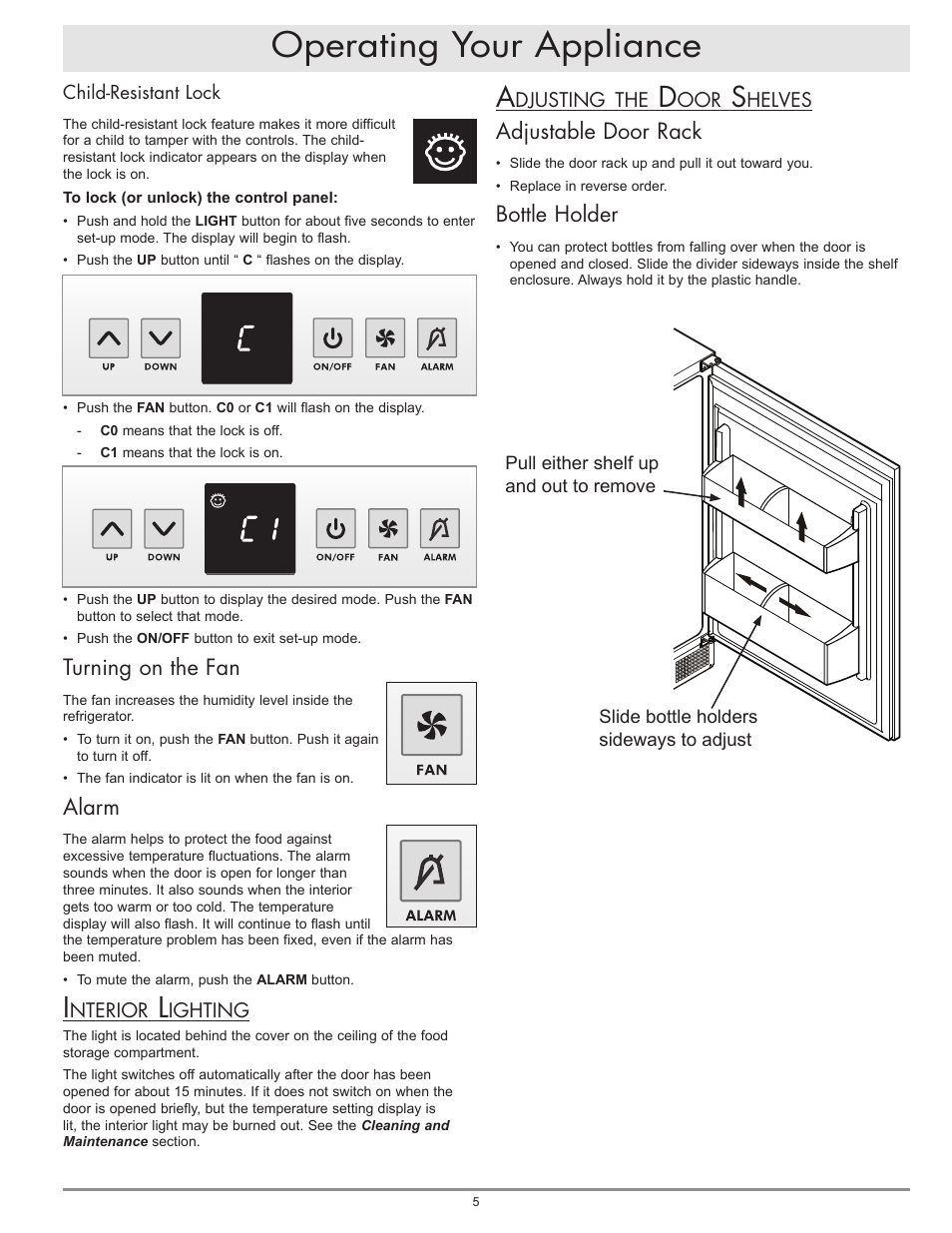 Operating your appliance, Adjustable door rack, Bottle holder | Turning on the fan, Alarm | Dacor OF24RS User Manual | Page 7 / 12