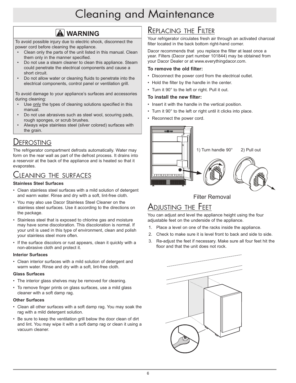 Cleaning and maintenance, Warning | Dacor OF24RS User Manual | Page 8 / 12