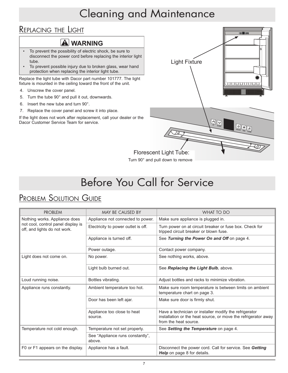 Before you call for service, Cleaning and maintenance, Warning | Dacor OF24RS User Manual | Page 9 / 12
