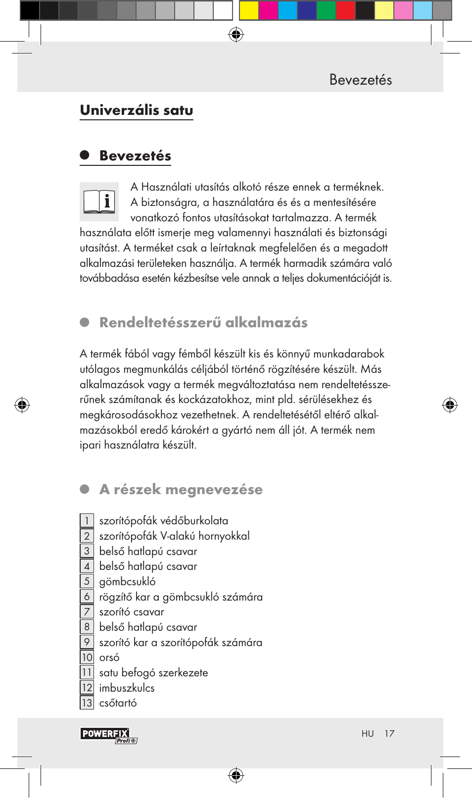 Bevezetés, Univerzális satu, Rendeltetésszerű alkalmazás | A részek megnevezése | Powerfix VACUUM BASE VICE A User Manual | Page 15 / 43