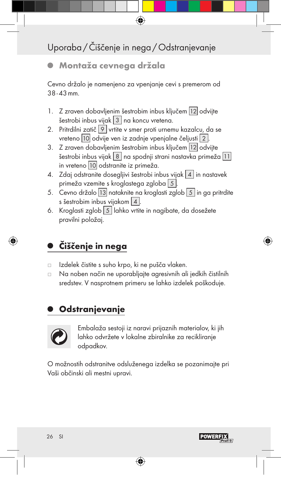 Uporaba / čiščenje in nega / odstranjevanje, Montaža cevnega držala, Čiščenje in nega | Odstranjevanje | Powerfix VACUUM BASE VICE A User Manual | Page 24 / 43