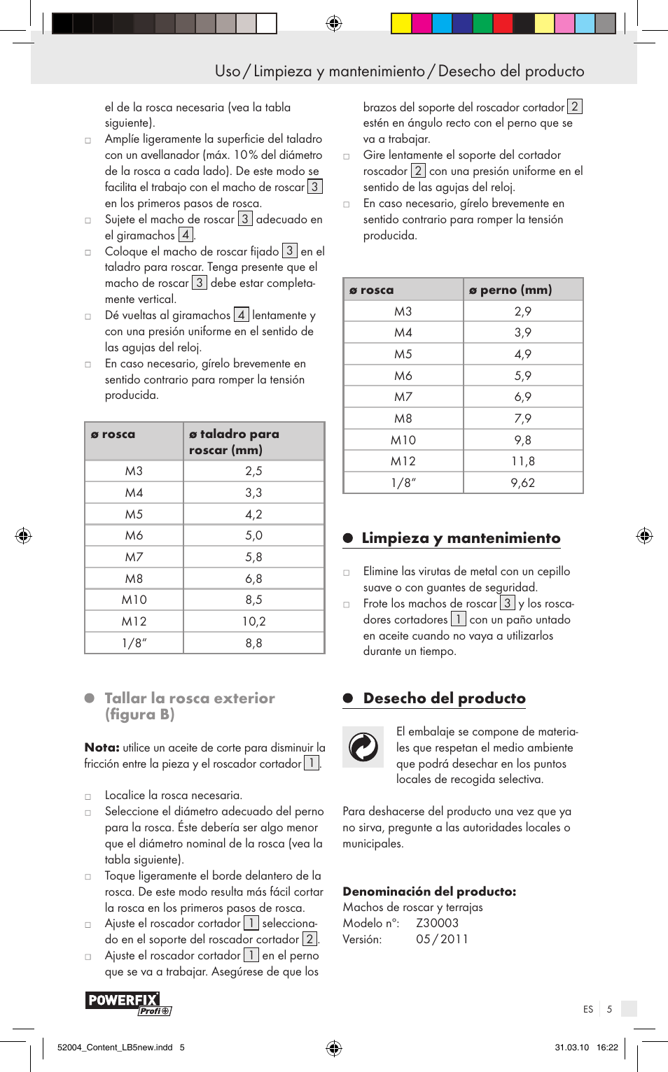 Tallar la rosca exterior (figura b), Limpieza y mantenimiento, Desecho del producto | Powerfix Z30003 User Manual | Page 3 / 11