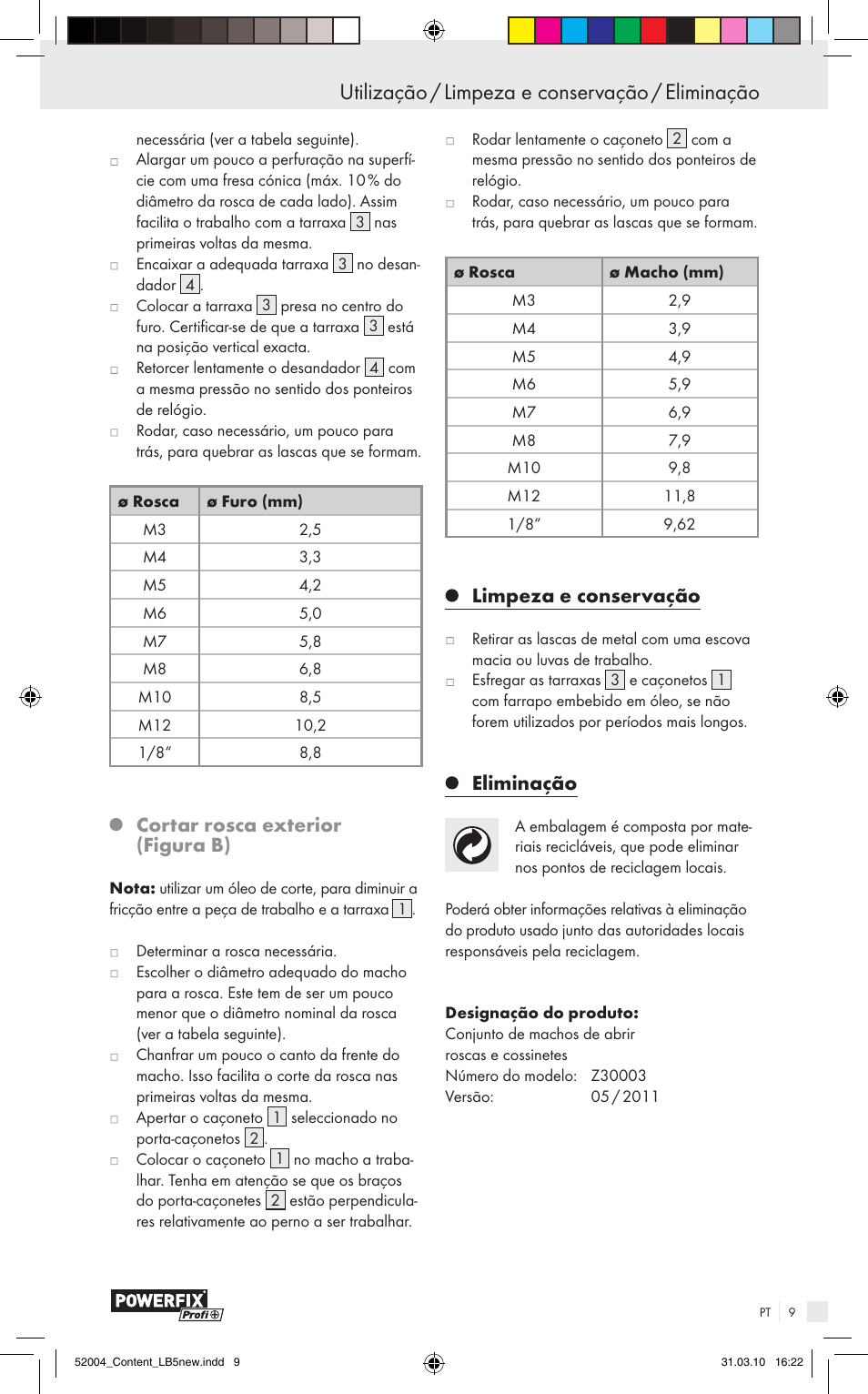 Utilização / limpeza e conservação / eliminação, Cortar rosca exterior (figura b), Limpeza e conservação | Eliminação | Powerfix Z30003 User Manual | Page 7 / 11