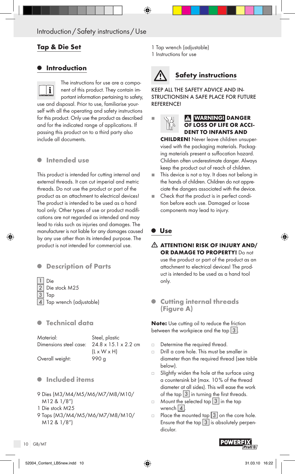 Introduction / safety instructions / use, Tap & die set, Introduction | Intended use, Description of parts, Technical data, Included items, Safety instructions, Cutting internal threads (figure a) | Powerfix Z30003 User Manual | Page 8 / 11